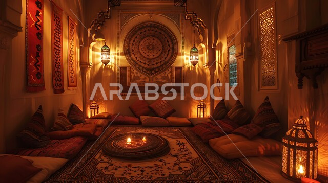 Antique decorations in the Kingdom of Saudi Arabia, traditional style architectural engineering art for popular sessions, adherence to Arab customs and traditions rich in ancient culture, low furniture and seats and luxurious pillows, Saudi council designs with intricate wall decorations in homes