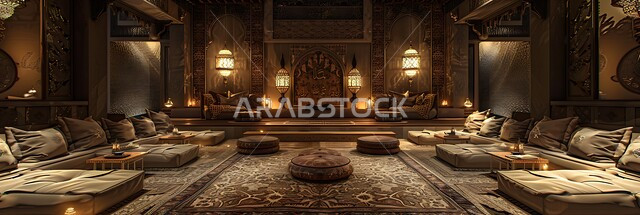 ديكورات أثرية عريقة في المملكة العربية السعودية,  الفن الهندسي المعماري المزخرف على الطراز التقليدي للجلسات الشعبية, التمسك بالعادات والتقاليد العربية الغنية بالثقافة القديمة, أثاث ومقاعد منخفضة ووسائد فخمة، تصاميم المجلس السعودي بزخارف جدارية معقدة في المنازل