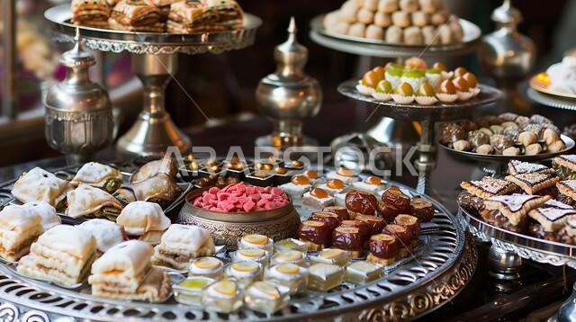 أطباق مليئة بالتمر والفواكه المجففة واللوز الطازجة، ضيافة رمضانية و وحلويات شرقية شهية، تمور ومكسرات صحية لذيذة، غذاء صحي ومفيد، وجبة غذائية عالية الأهمية، منتجات ومحاصيل زراعية محلية سعودية وطنية