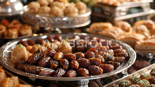 Plates filled with dates, dried fruits and fresh almonds, Ramadan hospitality and delicious oriental sweets, delicious healthy dates and nuts, healthy and beneficial food, a highly important nutritional meal, local Saudi national agricultural products and crops