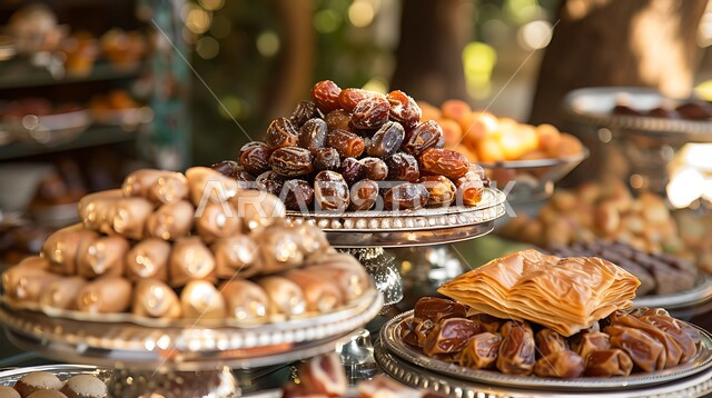 أطباق مليئة بالتمر والفواكه المجففة واللوز الطازجة، ضيافة رمضانية و وحلويات شرقية شهية، تمور ومكسرات صحية لذيذة، غذاء صحي ومفيد، وجبة غذائية عالية الأهمية، منتجات ومحاصيل زراعية محلية سعودية وطنية
