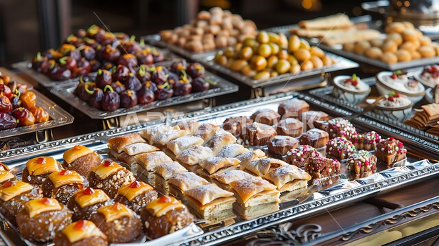 أطباق مليئة بالتمر والفواكه المجففة واللوز الطازجة، ضيافة رمضانية و وحلويات شرقية شهية، تمور ومكسرات صحية لذيذة، غذاء صحي ومفيد، وجبة غذائية عالية الأهمية، منتجات ومحاصيل زراعية محلية سعودية وطنية