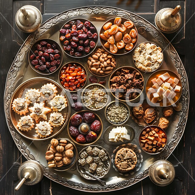 أطباق مليئة بالتمر والفواكه المجففة واللوز الطازجة، ضيافة رمضانية و وحلويات شرقية شهية، تمور ومكسرات صحية لذيذة، غذاء صحي ومفيد، وجبة غذائية عالية الأهمية، منتجات ومحاصيل زراعية محلية سعودية وطنية