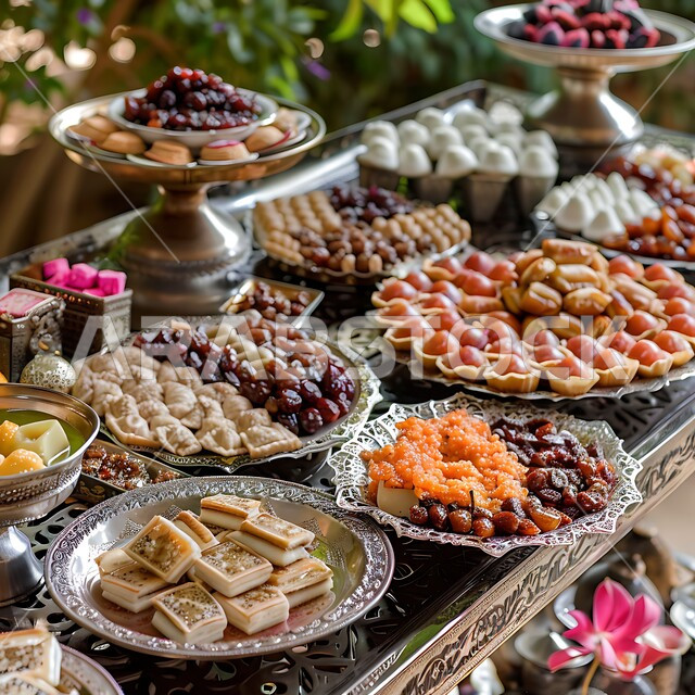 ضيافة رمضانية و وحلويات شرقية شهية، أطباق مليئة بالتمر والفواكه المجففة واللوز الطازجة، تمور ومكسرات صحية لذيذة، غذاء صحي ومفيد، وجبة غذائية عالية الأهمية، منتجات ومحاصيل زراعية محلية سعودية وطنية