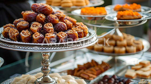 ضيافة رمضانية و وحلويات شرقية شهية، أطباق مليئة بالتمر والفواكه المجففة واللوز الطازجة، تمور ومكسرات صحية لذيذة، غذاء صحي ومفيد، وجبة غذائية عالية الأهمية، منتجات ومحاصيل زراعية محلية سعودية وطنية