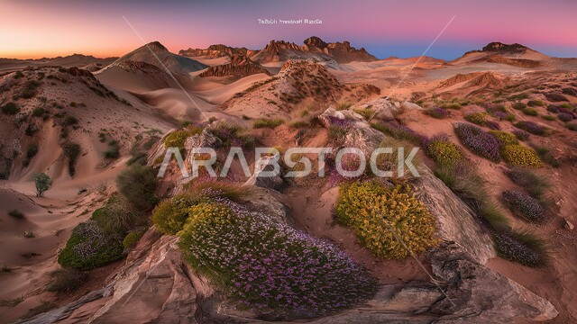 البيئة الرملية وقت غروب الشمس، الهضاب والتلال في المناطق الطبيعية الصحراوية، الرمال الذهبية الناعمة والكثبان في صحراء المملكة العربية السعودية، نمو النباتات البرية في الصحاري، خلفية الطبيعه