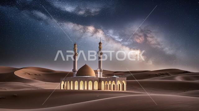 الفن الهندسي المعماري لبناء المساجد, أماكن دينية إسلامية, رسم ثلاثي الأبعاد لمسجد في الصحراء, تصاميم و ديكورات القبب و المآذن على الطراز الإسلامي, خلفية الطبيعة