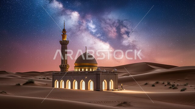 الفن الهندسي المعماري لبناء المساجد, أماكن دينية إسلامية, رسم ثلاثي الأبعاد لمسجد في الصحراء, تصاميم و ديكورات القبب و المآذن على الطراز الإسلامي, خلفية الطبيعة