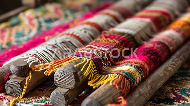 نول بخيوط ملونة وقماش السدو المنسوج بأشكال هندسية مميزة، العمل التراثي الحرفي التقليدي، منتجات صناعية محليه وطنيه، تقنيات النسيج البدوية التقليدية، التراث السعودي الغني بالفن الشعبي، مهن وصناعات شعبية يدوية في المملكة العربية السعودية