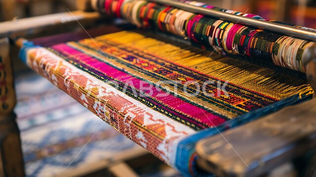 نول بخيوط ملونة وقماش السدو المنسوج بأشكال هندسية مميزة، العمل التراثي الحرفي التقليدي، منتجات صناعية محليه وطنيه، تقنيات النسيج البدوية التقليدية، التراث السعودي الغني بالفن الشعبي، مهن وصناعات شعبية يدوية في المملكة العربية السعودية