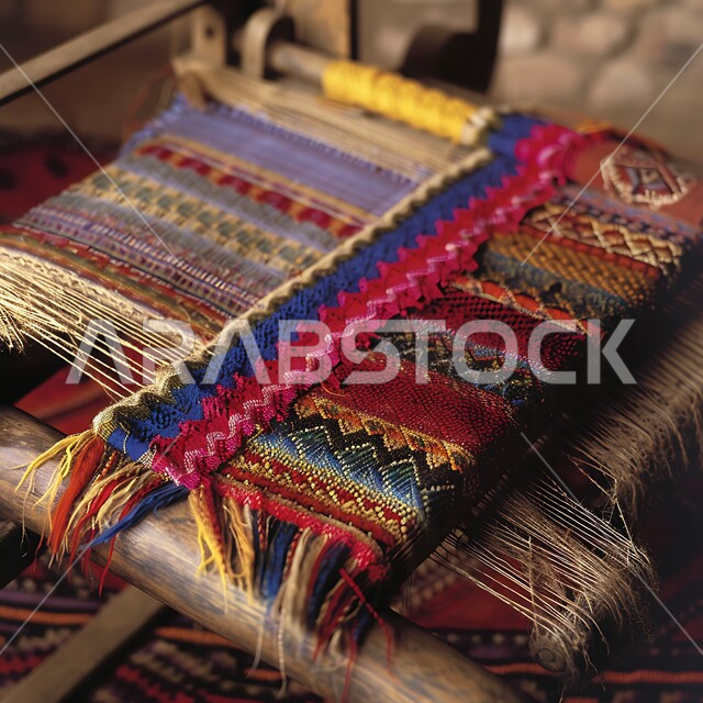 نول بخيوط ملونة وقماش السدو المنسوج بأشكال هندسية مميزة، العمل التراثي الحرفي التقليدي، منتجات صناعية محليه وطنيه، تقنيات النسيج البدوية التقليدية، التراث السعودي الغني بالفن الشعبي، مهن وصناعات شعبية يدوية في المملكة العربية السعودية