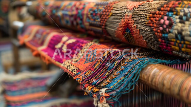 نول بخيوط ملونة وقماش السدو المنسوج بأشكال هندسية مميزة، العمل التراثي الحرفي التقليدي، منتجات صناعية محليه وطنيه، تقنيات النسيج البدوية التقليدية، التراث السعودي الغني بالفن الشعبي، مهن وصناعات شعبية يدوية في المملكة العربية السعودية