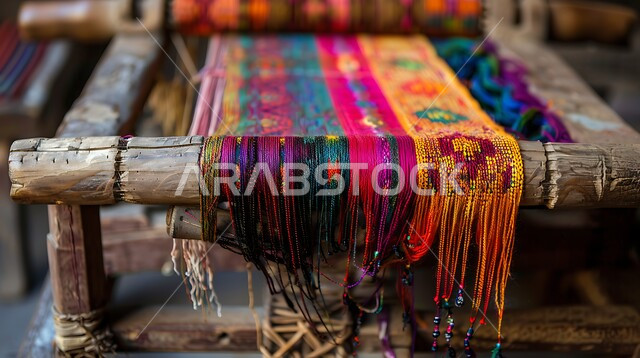 العمل التراثي الحرفي التقليدي، منتجات صناعية محليه وطنيه، نول بخيوط ملونة وقماش السدو المنسوج بأشكال هندسية مميزة، تقنيات النسيج البدوية التقليدية، التراث السعودي الغني بالفن الشعبي، مهن وصناعات شعبية يدوية في المملكة العربية السعودية