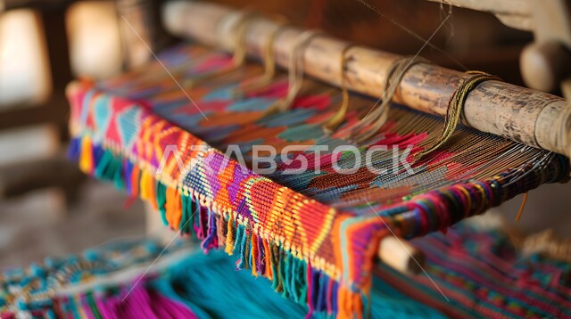 العمل التراثي الحرفي التقليدي، منتجات صناعية محليه وطنيه، نول بخيوط ملونة وقماش السدو المنسوج بأشكال هندسية مميزة، تقنيات النسيج البدوية التقليدية، التراث السعودي الغني بالفن الشعبي، مهن وصناعات شعبية يدوية في المملكة العربية السعودية