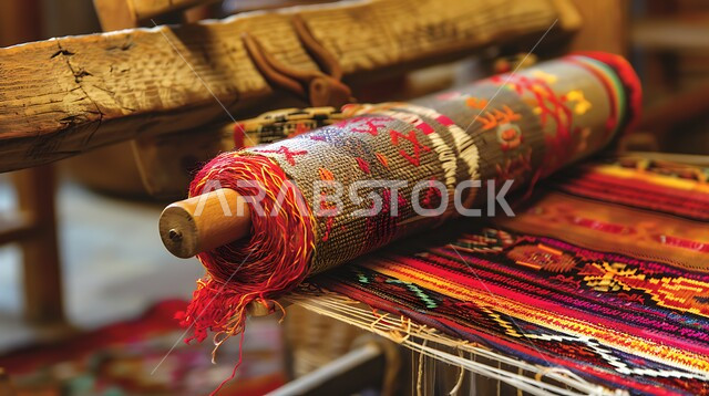Traditional handicraft heritage work, local and national industrial products, loom with colored threads and Sadu fabric woven with distinctive geometric shapes, traditional Bedouin weaving techniques, Saudi heritage rich in folk art, popular handicrafts and professions in the Kingdom of Saudi Arabia