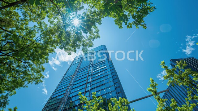 الأشجار والنباتات الخضراء, صورة من الأصفل للأبراج والمباني والمنشآت التجارية الشاهقة، رؤية مستقبلية سعودية 2030، منظر تخيلي مستقبلي للتقدم و النمو العمراني, الفنون و التصاميم الهندسية المعمارية الحديثة لناطحات السحاب في المملكة العربية السعودية