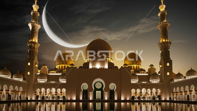 الفن الهندسي المعماري في تصميم دور العبادة، مسجد الشيخ زايد الكبير في إمارة أبو ظبي بالامارات العربية المتحدة، معالم وأماكن إسلامية مقدسة مشهورة، المآذن الشامخة والقبب المضيئة في وقت الليل، بناء المساجد على الطراز الإسلامي العصري الحديث، التقرب إلى الله تعالى 