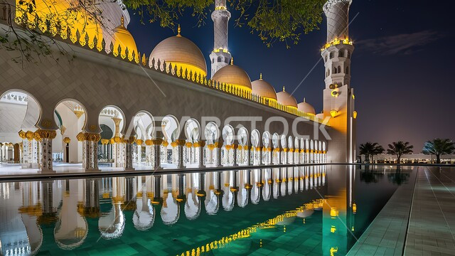 الفن الهندسي المعماري في تصميم دور العبادة، مسجد الشيخ زايد الكبير في إمارة أبو ظبي بالامارات العربية المتحدة، معالم وأماكن إسلامية مقدسة مشهورة، المآذن الشامخة والقبب المضيئة في وقت الليل، بناء المساجد على الطراز الإسلامي العصري الحديث، التقرب إلى الله تعالى 