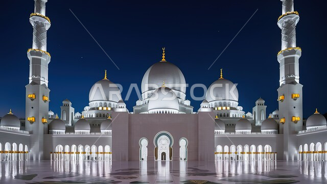 الفن الهندسي المعماري في تصميم دور العبادة، مسجد الشيخ زايد الكبير في إمارة أبو ظبي بالامارات العربية المتحدة، معالم وأماكن إسلامية مقدسة مشهورة، المآذن الشامخة والقبب المضيئة في وقت الليل، بناء المساجد على الطراز الإسلامي العصري الحديث، التقرب إلى الله تعالى 