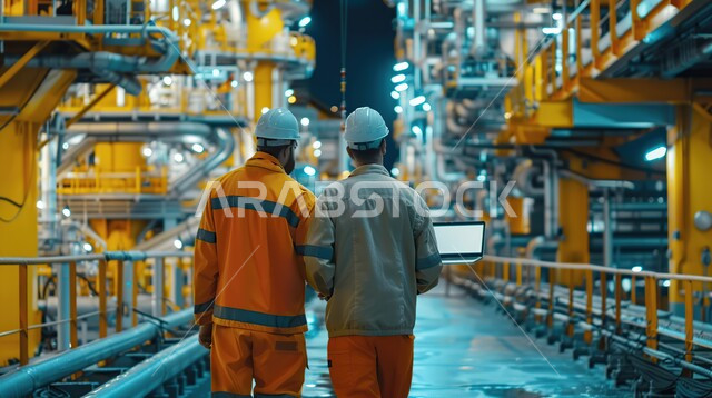 Follow-up and supervision of the mechanism of work of equipment and machines inside the laboratory, factories of the Kingdom of Saudi Arabia, engineering professions and jobs, a picture from the back of two Saudi Gulf Arab engineers wearing protective helmets standing at the work site