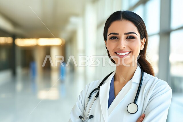 إيماءات الثقة بالنفس والبشاشة, تقديم المساعده الطبية للمرضى, العمل في المراكز الصحية والمستشفيات, بورتريه مقرب لطبيبة عربية خليجية سعودية مبتسمة ترتدي المعطف الطبي الأبيض وسماعة الفحص تنظر إلى الكاميرا, مفهوم الطب والرعاية الصحية