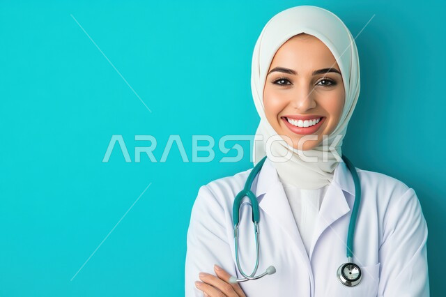 إيماءات الثقة بالنفس والبشاشة, تقديم المساعده الطبية للمرضى, العمل في المراكز الصحية والمستشفيات, بورتريه مقرب لطبيبة عربية خليجية سعودية مبتسمة ترتدي المعطف الطبي الأبيض وسماعة الفحص تنظر إلى الكاميرا, مفهوم الطب والرعاية الصحية