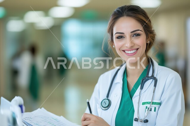 إيماءات الثقة بالنفس والبشاشة, تقديم المساعده الطبية للمرضى, العمل في المراكز الصحية والمستشفيات, بورتريه مقرب لطبيبة عربية خليجية سعودية مبتسمة ترتدي المعطف الطبي الأبيض وسماعة الفحص تنظر إلى الكاميرا, مفهوم الطب والرعاية الصحية