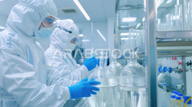 معمل الصناعات الكيميائية والدوائية، مجموعة من المخبريين العرب الخليجيين السعوديين يرتدون الاقنعة الواقية يقومون بإجراء التجارب والبحوث العلمية الحيوية، مختبرات الفحوصات الطبية والتحاليل الكيمائية، استعمال الأنابيب الزجاجية المعقمة لتحليل العينات المختلفة