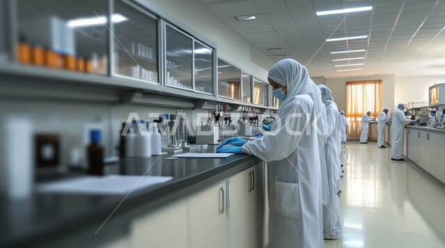 استعمال الأنابيب الزجاجية المعقمة لتحليل العينات المختلفة، معمل الصناعات الدوائية، مختبرات الفحوصات الطبية والتحاليل الكيمائية، فتيات مخبريات يرتدون الكمامة والمعطف الطبي يقوموا بإجراء التجارب والبحوث العلمية عبر التكنولوجيا الحيوية