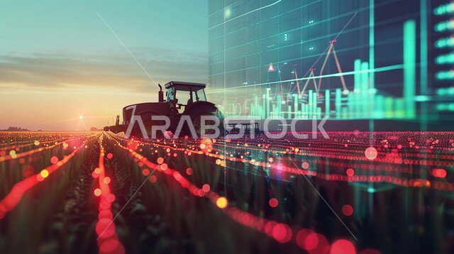 رؤية مستقبلية سعودية 2030, دمج التقنية الحديثة مع العمل الزراعي, موسم جني المحاصيل المحلية الوطنية في احدى المزارع، آلة حصاد التربة الزراعية، جرار الزراعة في الحقل في المملكة العربية السعودية