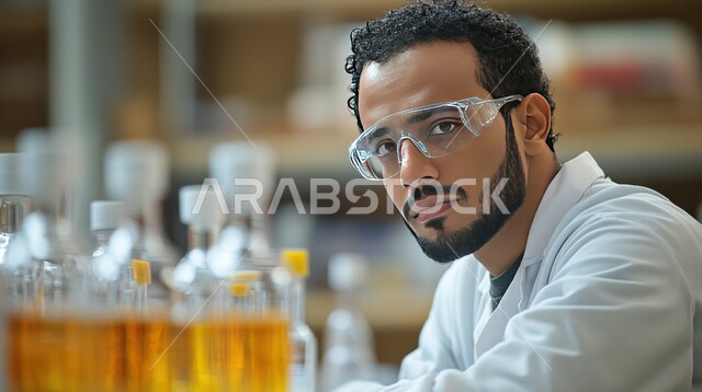 الطب والرعاية الصحيه, مفهوم البحث والتطوير العلمي, تطور التكنولوجيا الحيوية في المختبرات العلمية في المملكة العربية السعودية، أجهزة الفحص الدقيقة للمواد الكيمائية, صورة مقربة لطبيب يرتدي النظارات الطبية ينظر الى الكاميرا بتعابير الجدية