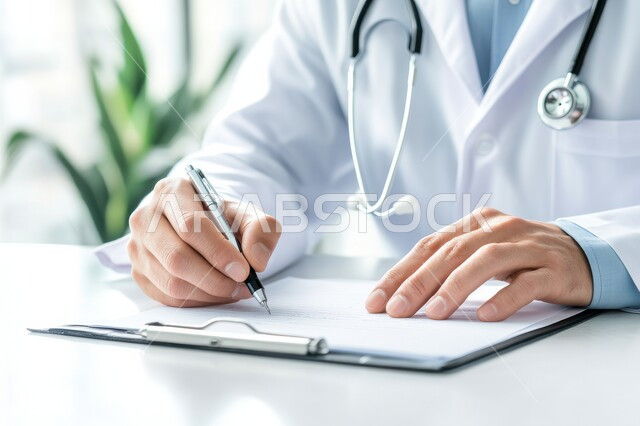 تقديم الخدمات والاستشارات الطبية للمراجعين، مفهوم الطب والرعاية الصحية ،بورتريه لطبيب عربي خليجي سعودي يرتدي المعطف الطبي يقوم بتدوين معلومات عن حالة المريض، مهن ووظائف سعودية