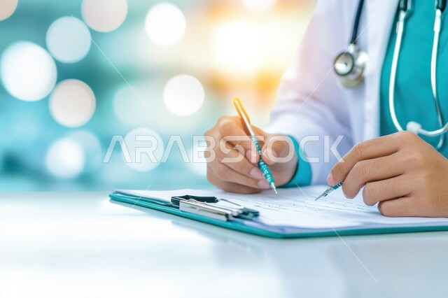 تقديم الخدمات والاستشارات الطبية للمراجعين، مفهوم الطب والرعاية الصحية ،بورتريه لطبيب عربي خليجي سعودي يرتدي المعطف الطبي يقوم بتدوين معلومات عن حالة المريض، مهن ووظائف سعودية