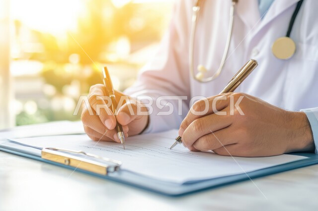 تقديم الخدمات والاستشارات الطبية للمراجعين، مفهوم الطب والرعاية الصحية ،بورتريه لطبيب عربي خليجي سعودي يرتدي المعطف الطبي يقوم بتدوين معلومات عن حالة المريض، مهن ووظائف سعودية