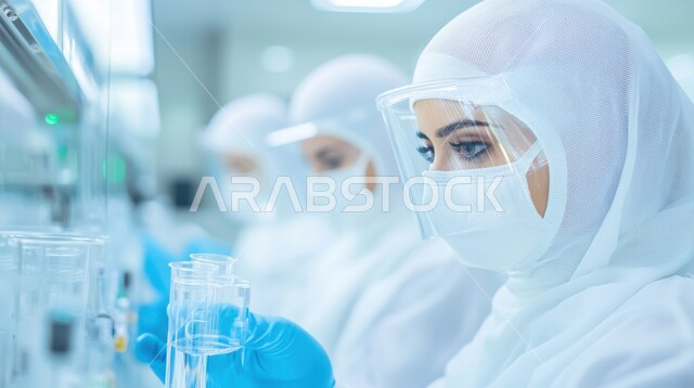 معمل الصناعات الكيميائية والدوائية، مجموعة من المخبريين العرب الخليجيين السعوديين يرتدون الاقنعة الواقية يقومون بإجراء التجارب والبحوث العلمية الحيوية، مختبرات الفحوصات الطبية والتحاليل الكيمائية، استعمال الأنابيب الزجاجية المعقمة لتحليل العينات المختلفة
