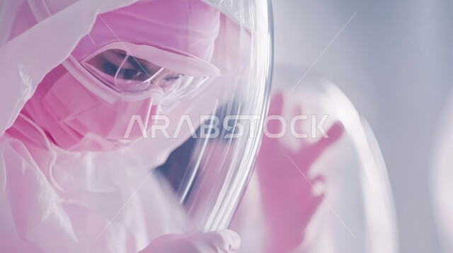 معمل الصناعات الكيميائية والدوائية، مجموعة من المخبريين العرب الخليجيين السعوديين يرتدون الاقنعة الواقية يقومون بإجراء التجارب والبحوث العلمية الحيوية، مختبرات الفحوصات الطبية والتحاليل الكيمائية، استعمال الأنابيب الزجاجية المعقمة لتحليل العينات المختلفة