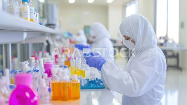 معمل الصناعات الكيميائية والدوائية، مجموعة من المخبريين العرب الخليجيين السعوديين يرتدون الاقنعة الواقية يقومون بإجراء التجارب والبحوث العلمية الحيوية، مختبرات الفحوصات الطبية والتحاليل الكيمائية، استعمال الأنابيب الزجاجية المعقمة لتحليل العينات المختلفة