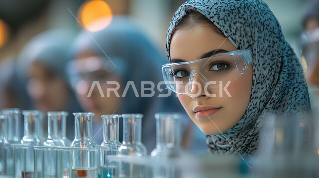 استخدام الأنابيب الزجاجية المعقمة لتحليل العينات المختلفة، معمل الصناعات الدوائية، مختبرات الفحوصات الطبية والتحاليل الكيمائية، صورة مقربة لمخبرية محجبة ترتدي القفازات والمعطف الطبي، إجراء تجارب وبحوث علمية عبر التكنولوجيا الحيوية