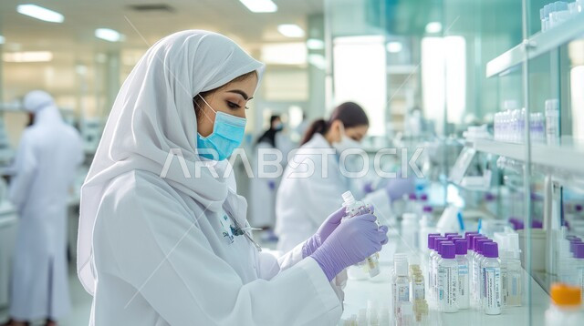 استخدام الأنابيب الزجاجية المعقمة لتحليل العينات المختلفة، معمل الصناعات الدوائية، مختبرات الفحوصات الطبية والتحاليل الكيمائية، صورة مقربة لمخبرية محجبة ترتدي القفازات والمعطف الطبي، إجراء تجارب وبحوث علمية عبر التكنولوجيا الحيوية