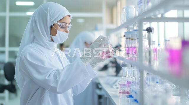 استخدام الأنابيب الزجاجية المعقمة لتحليل العينات المختلفة، معمل الصناعات الدوائية، مختبرات الفحوصات الطبية والتحاليل الكيمائية، صورة مقربة لمخبرية محجبة ترتدي القفازات والمعطف الطبي، إجراء تجارب وبحوث علمية عبر التكنولوجيا الحيوية