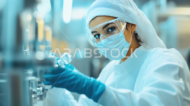 استخدام الأنابيب الزجاجية المعقمة لتحليل العينات المختلفة، معمل الصناعات الدوائية، مختبرات الفحوصات الطبية والتحاليل الكيمائية، صورة مقربة لمخبرية محجبة ترتدي القفازات والمعطف الطبي، إجراء تجارب وبحوث علمية عبر التكنولوجيا الحيوية