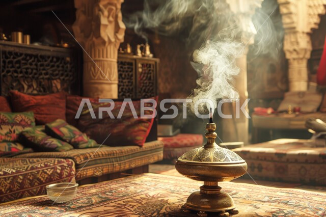 منظر الدخان المنتشر من البخور، التعطر والتطيب باطيب الروائح والعطور، أصالة العادات والتقاليد في المملكة العربية السعودية، خشب العود الفاخر والفحم، منتج محلي وطني سعودي, مبخرة تقليدية مزخرفة في مكان تراثي