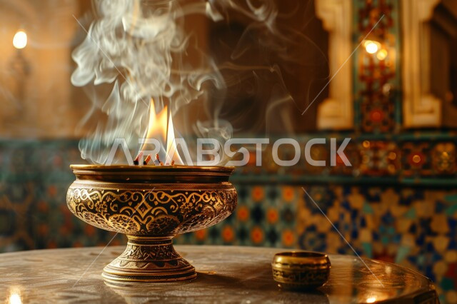 منظر الدخان المنتشر من البخور، التعطر والتطيب باطيب الروائح والعطور، أصالة العادات والتقاليد في المملكة العربية السعودية، خشب العود الفاخر والفحم، منتج محلي وطني سعودي, مبخرة تقليدية مزخرفة في مكان تراثي
