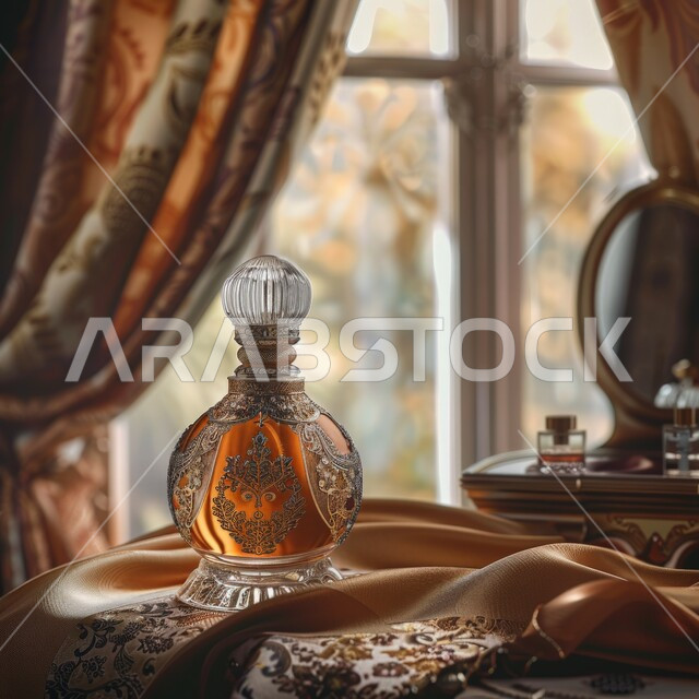 A Luxurious Perfume Bottle on a Table with a Golden Fabric, Near a Window.