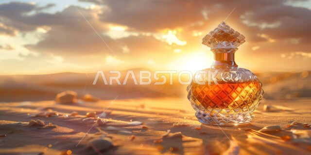 Displaying Saudi national local products, a panoramic image of a luxury perfume bottle on the golden sand at sunset, a box of high-end ornate Arabic perfumes, perfuming and perfuming with natural oils and musk.