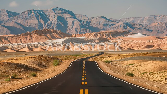 طريق اسفلتي بين التكوينات الصخرية والكثبان الرملية ،تهيئة طرقات السفر السريعة ،التلال والهضاب في المناطق الجبلية الصحراوية ،خط السير  وسط الصحراء ،الأماكن البرية الطبيعية في المملكة العربية السعودية