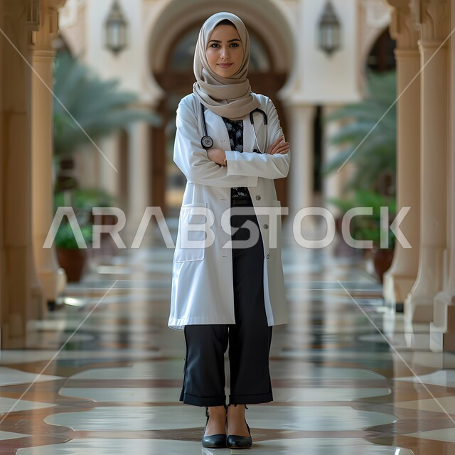 الاهتمام بالأناقة والمظهر الخارجي، العمل في القطاع الطبي، تقديم الخدمات العلاجية في المستشفيات والمراكز الصحية، طبيبة عربية خليجية سعودية محجبة ترتدي المعطف الابيض تقف بايدي متقاطعة وتنظر الى الكاميرا بإيماءات الثقة بالنفس