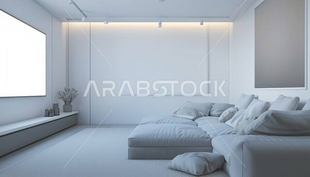 تصميم داخلي حديث لشقة سكنية، غرفة معيشة بسيطة مع أريكة قابلة للتعديل وجدران بيضاء, التصاميم والديكورات الداخلية لغرفة معيشة بأثاث منزلي راقي، اختيار الألوان المناسبة والتنسيق بين الأثاث والإكسسوارات، استخدام المفروشات ذو التصاميم العصرية