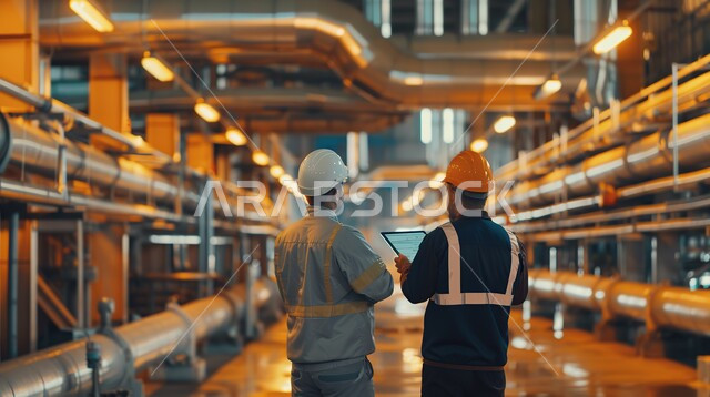 مهن ووظائف شبابية في المملكة الغربية السعودية, العمل في المجال الصناعي, صورة مقربة من الخلف لمهندسان عربيان خليجيان سعوديان يرتديان السترة وخوذة الحماية يتجولان في المصنع, مصانع المملكة العربية السعودية, الاشراف والتدقيق في المعامل الصناعية