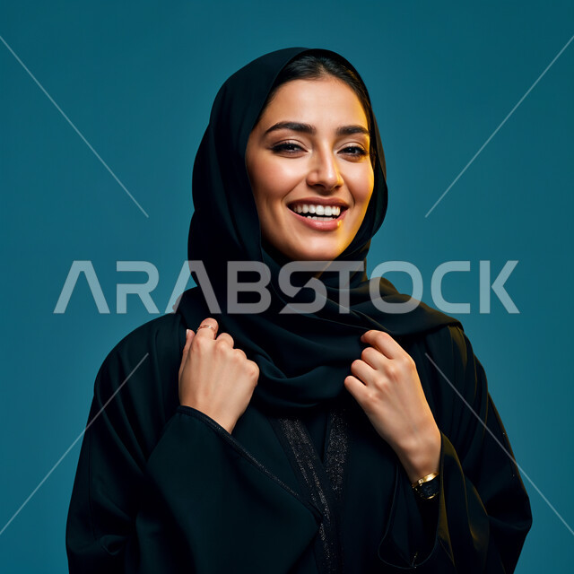 مفهوم النعومة و الأنوثة، الاهتمام بالأناقة والمظهر الخارجي، صورة مقربة لامرأة عربيه خليجيه سعودية مبتسمة محجبة ترتدي العباءة والحجاب، إيماءات الابتسامه السرور والثقه بالنفس، أزياء محجبات عصرية حديثة, خلفية زرقاء